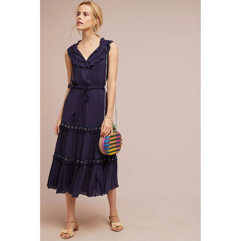 Anthropologie MISA Gabriella Midi Dress Navy Grommet Tiered Boho Bohemian Large